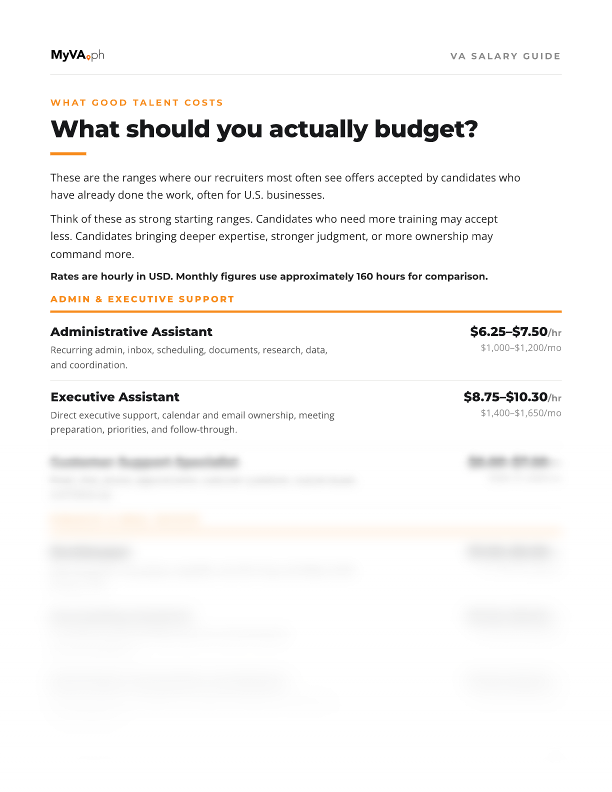 Page 4 of the guide, showing the administrative assistant and executive assistant salary ranges